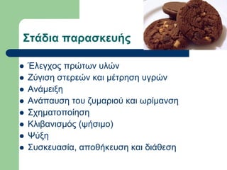 ΢ηάδια παραζκεσής
 Έιεγρνο πξώησλ πιώλ
 Εύγηζε ζηεξεώλ θαη κέηξεζε πγξώλ
 Αλάκεημε
 Αλάπαπζε ηνπ δπκαξηνύ θαη σξίκαλζε
 ΢ρεκαηνπνίεζε
 Κιηβαληζκόο (ςήζηκν)
 Ψύμε
 ΢πζθεπαζία, απνζήθεπζε θαη δηάζεζε
 