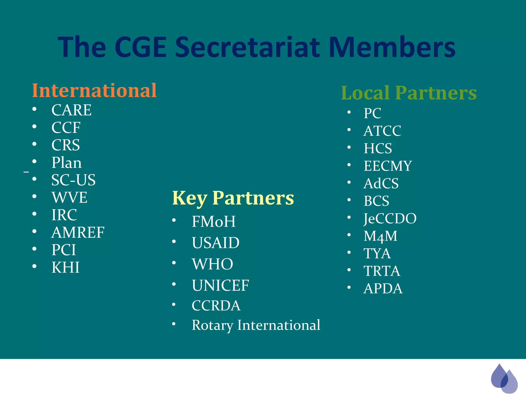   The CGE Secretariat Members International CARE CCF CRS Plan  SC-US WVE IRC AMREF PCI KHI Key Partners FMoH USAID WHO UNICEF CCRDA Rotary International Local Partners PC ATCC HCS  EECMY AdCS BCS JeCCDO M4M TYA TRTA APDA  