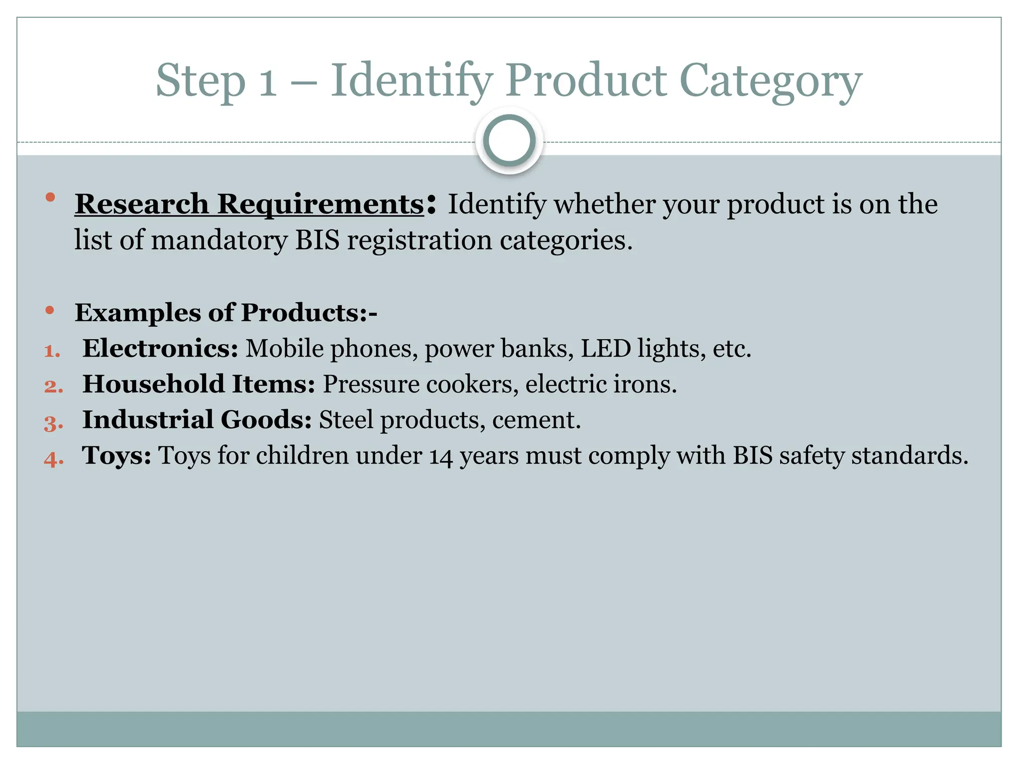 Step 1 – Identify Product Category
 Research Requirements: Identify whether your product is on the
list of mandatory BIS registration categories.
 Examples of Products:-
1. Electronics: Mobile phones, power banks, LED lights, etc.
2. Household Items: Pressure cookers, electric irons.
3. Industrial Goods: Steel products, cement.
4. Toys: Toys for children under 14 years must comply with BIS safety standards.
 