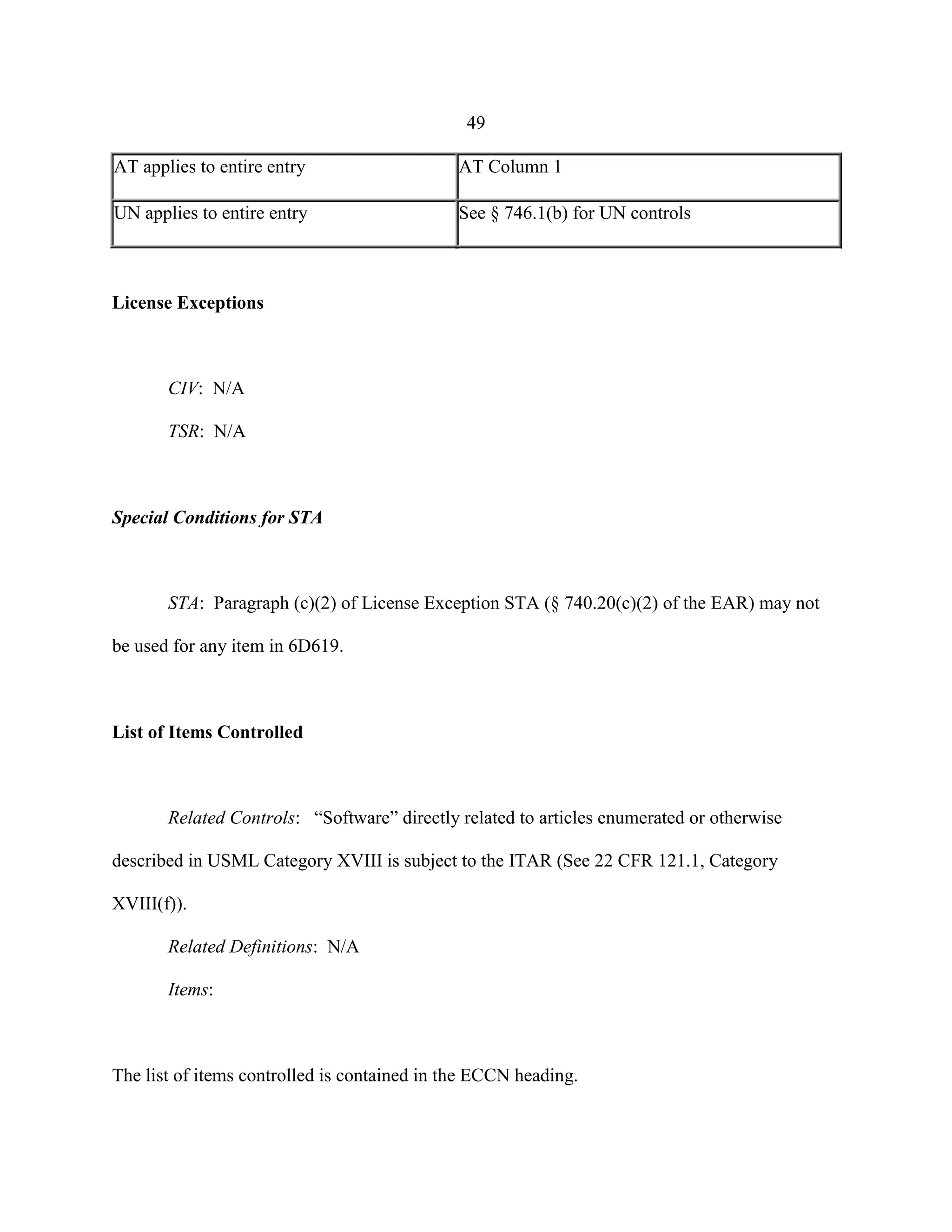 49
AT applies to entire entry AT Column 1
UN applies to entire entry See § 746.1(b) for UN controls
License Exceptions
CIV: N/A
TSR: N/A
Special Conditions for STA
STA: Paragraph (c)(2) of License Exception STA (§ 740.20(c)(2) of the EAR) may not
be used for any item in 6D619.
List of Items Controlled
Related Controls: “Software” directly related to articles enumerated or otherwise
described in USML Category XVIII is subject to the ITAR (See 22 CFR 121.1, Category
XVIII(f)).
Related Definitions: N/A
Items:
The list of items controlled is contained in the ECCN heading.
 