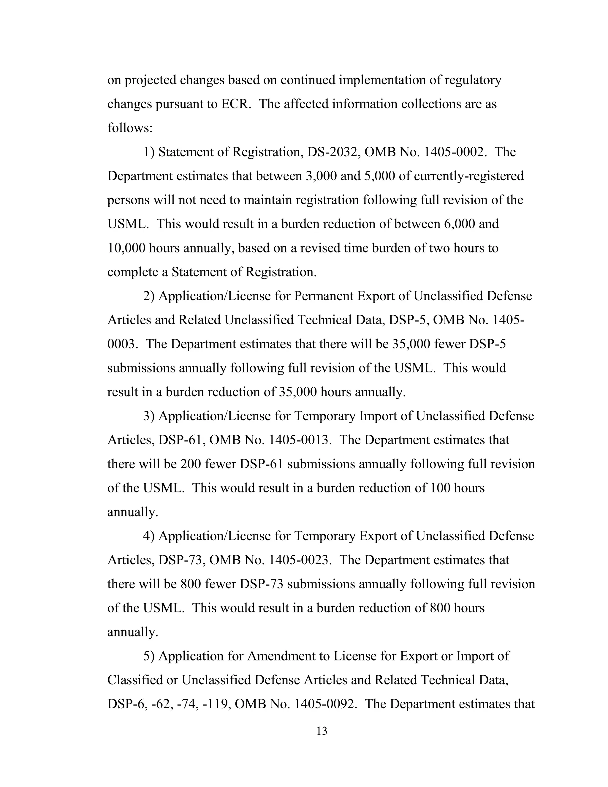 13
on projected changes based on continued implementation of regulatory
changes pursuant to ECR. The affected information collections are as
follows:
1) Statement of Registration, DS-2032, OMB No. 1405-0002. The
Department estimates that between 3,000 and 5,000 of currently-registered
persons will not need to maintain registration following full revision of the
USML. This would result in a burden reduction of between 6,000 and
10,000 hours annually, based on a revised time burden of two hours to
complete a Statement of Registration.
2) Application/License for Permanent Export of Unclassified Defense
Articles and Related Unclassified Technical Data, DSP-5, OMB No. 1405-
0003. The Department estimates that there will be 35,000 fewer DSP-5
submissions annually following full revision of the USML. This would
result in a burden reduction of 35,000 hours annually.
3) Application/License for Temporary Import of Unclassified Defense
Articles, DSP-61, OMB No. 1405-0013. The Department estimates that
there will be 200 fewer DSP-61 submissions annually following full revision
of the USML. This would result in a burden reduction of 100 hours
annually.
4) Application/License for Temporary Export of Unclassified Defense
Articles, DSP-73, OMB No. 1405-0023. The Department estimates that
there will be 800 fewer DSP-73 submissions annually following full revision
of the USML. This would result in a burden reduction of 800 hours
annually.
5) Application for Amendment to License for Export or Import of
Classified or Unclassified Defense Articles and Related Technical Data,
DSP-6, -62, -74, -119, OMB No. 1405-0092. The Department estimates that
 