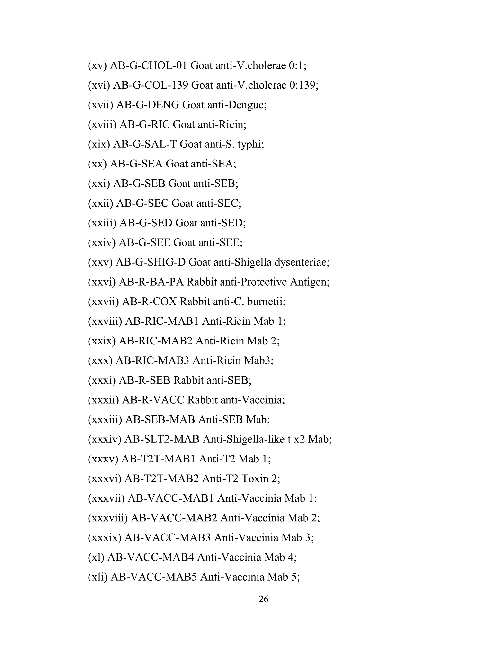 26
(xv) AB-G-CHOL-01 Goat anti-V.cholerae 0:1;
(xvi) AB-G-COL-139 Goat anti-V.cholerae 0:139;
(xvii) AB-G-DENG Goat anti-Dengue;
(xviii) AB-G-RIC Goat anti-Ricin;
(xix) AB-G-SAL-T Goat anti-S. typhi;
(xx) AB-G-SEA Goat anti-SEA;
(xxi) AB-G-SEB Goat anti-SEB;
(xxii) AB-G-SEC Goat anti-SEC;
(xxiii) AB-G-SED Goat anti-SED;
(xxiv) AB-G-SEE Goat anti-SEE;
(xxv) AB-G-SHIG-D Goat anti-Shigella dysenteriae;
(xxvi) AB-R-BA-PA Rabbit anti-Protective Antigen;
(xxvii) AB-R-COX Rabbit anti-C. burnetii;
(xxviii) AB-RIC-MAB1 Anti-Ricin Mab 1;
(xxix) AB-RIC-MAB2 Anti-Ricin Mab 2;
(xxx) AB-RIC-MAB3 Anti-Ricin Mab3;
(xxxi) AB-R-SEB Rabbit anti-SEB;
(xxxii) AB-R-VACC Rabbit anti-Vaccinia;
(xxxiii) AB-SEB-MAB Anti-SEB Mab;
(xxxiv) AB-SLT2-MAB Anti-Shigella-like t x2 Mab;
(xxxv) AB-T2T-MAB1 Anti-T2 Mab 1;
(xxxvi) AB-T2T-MAB2 Anti-T2 Toxin 2;
(xxxvii) AB-VACC-MAB1 Anti-Vaccinia Mab 1;
(xxxviii) AB-VACC-MAB2 Anti-Vaccinia Mab 2;
(xxxix) AB-VACC-MAB3 Anti-Vaccinia Mab 3;
(xl) AB-VACC-MAB4 Anti-Vaccinia Mab 4;
(xli) AB-VACC-MAB5 Anti-Vaccinia Mab 5;
 