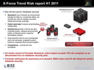 X-Force Trend Risk report H1 2011 Un studiu recent al Forrester Research, releva faptul ca peste 75% din companii nu au documentat inca un database security plan. Forrester estimeaza de asemenea ca in prezent, DBAs aloca sub 5% din timpul lor pentru database security. Key drivers pentru database security Atacatorii  sunt motivati sa compromita bazele de date cu o protectie slaba, de sumele pe care le castiga vanzand datele personale sustrase. Cyber-spionajul  vizeaza proprietatea intelectuala. Hacktivism-ul  este o forma de atac motivata politic, adesea sponsorizata politic si folosita pentru suportul activitatilor politice. Amenintarile interne sunt considerate cele mai serioase, angajatii putand frauda si exploata facil accesul legitim. Compliance  – cerinte tot mai complexe 