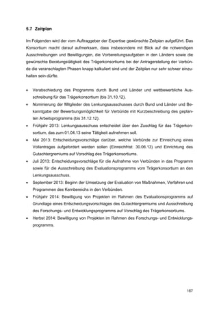 5.7 Zeitplan

Im Folgenden wird der vom Auftraggeber der Expertise gewünschte Zeitplan aufgeführt. Das
Konsortium macht darauf aufmerksam, dass insbesondere mit Blick auf die notwendigen
Ausschreibungen und Bewilligungen, die Vorbereitungsaufgaben in den Ländern sowie die
gewünschte Beratungstätigkeit des Trägerkonsortiums bei der Antragerstellung der Verbün-
de die veranschlagten Phasen knapp kalkuliert sind und der Zeitplan nur sehr schwer einzu-
halten sein dürfte.


   Verabschiedung des Programms durch Bund und Länder und wettbewerbliche Aus-
    schreibung für das Trägerkonsortium (bis 31.10.12).
   Nominierung der Mitglieder des Lenkungsausschusses durch Bund und Länder und Be-
    kanntgabe der Bewerbungsmöglichkeit für Verbünde mit Kurzbeschreibung des geplan-
    ten Arbeitsprogramms (bis 31.12.12).
   Frühjahr 2013: Lenkungsausschuss entscheidet über den Zuschlag für das Trägerkon-
    sortium, das zum 01.04.13 seine Tätigkeit aufnehmen soll.
   Mai 2013: Entscheidungsvorschläge darüber, welche Verbünde zur Einreichung eines
    Vollantrages aufgefordert werden sollen (Einreichfrist: 30.06.13) und Einrichtung des
    Gutachtergremiums auf Vorschlag des Trägerkonsortiums.
   Juli 2013: Entscheidungsvorschläge für die Aufnahme von Verbünden in das Programm
    sowie für die Ausschreibung des Evaluationsprogramms vom Trägerkonsortium an den
    Lenkungsausschuss.
   September 2013: Beginn der Umsetzung der Evaluation von Maßnahmen, Verfahren und
    Programmen des Kernbereichs in den Verbünden.
   Frühjahr 2014: Bewilligung von Projekten im Rahmen des Evaluationsprogramms auf
    Grundlage eines Entscheidungsvorschlages des Gutachtergremiums und Ausschreibung
    des Forschungs- und Entwicklungsprogramms auf Vorschlag des Trägerkonsortiums.
   Herbst 2014: Bewilligung von Projekten im Rahmen des Forschungs- und Entwicklungs-
    programms.




                                                                                      167
 