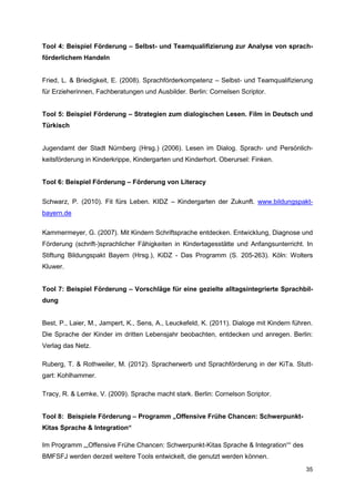 Tool 4: Beispiel Förderung – Selbst- und Teamqualifizierung zur Analyse von sprach-
förderlichem Handeln


Fried, L. & Briedigkeit, E. (2008). Sprachförderkompetenz – Selbst- und Teamqualifizierung
für Erzieherinnen, Fachberatungen und Ausbilder. Berlin: Cornelsen Scriptor.


Tool 5: Beispiel Förderung – Strategien zum dialogischen Lesen. Film in Deutsch und
Türkisch


Jugendamt der Stadt Nürnberg (Hrsg.) (2006). Lesen im Dialog. Sprach- und Persönlich-
keitsförderung in Kinderkrippe, Kindergarten und Kinderhort. Oberursel: Finken.


Tool 6: Beispiel Förderung – Förderung von Literacy

Schwarz, P. (2010). Fit fürs Leben. KIDZ – Kindergarten der Zukunft. www.bildungspakt-
bayern.de

Kammermeyer, G. (2007). Mit Kindern Schriftsprache entdecken. Entwicklung, Diagnose und
Förderung (schrift-)sprachlicher Fähigkeiten in Kindertagesstätte und Anfangsunterricht. In
Stiftung Bildungspakt Bayern (Hrsg.), KiDZ - Das Programm (S. 205-263). Köln: Wolters
Kluwer.


Tool 7: Beispiel Förderung – Vorschläge für eine gezielte alltagsintegrierte Sprachbil-
dung


Best, P., Laier, M., Jampert, K., Sens, A., Leuckefeld, K. (2011). Dialoge mit Kindern führen.
Die Sprache der Kinder im dritten Lebensjahr beobachten, entdecken und anregen. Berlin:
Verlag das Netz.

Ruberg, T. & Rothweiler, M. (2012). Spracherwerb und Sprachförderung in der KiTa. Stutt-
gart: Kohlhammer.

Tracy, R. & Lemke, V. (2009). Sprache macht stark. Berlin: Cornelson Scriptor.


Tool 8: Beispiele Förderung – Programm „Offensive Frühe Chancen: Schwerpunkt-
Kitas Sprache & Integration“

Im Programm „„Offensive Frühe Chancen: Schwerpunkt-Kitas Sprache & Integration““ des
BMFSFJ werden derzeit weitere Tools entwickelt, die genutzt werden können.
                                                                                           35
 