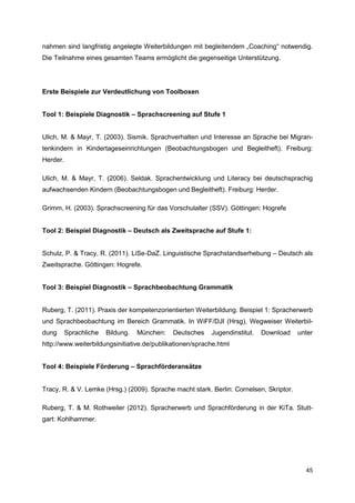 nahmen sind langfristig angelegte Weiterbildungen mit begleitendem „Coaching“ notwendig.
Die Teilnahme eines gesamten Teams ermöglicht die gegenseitige Unterstützung.




Erste Beispiele zur Verdeutlichung von Toolboxen


Tool 1: Beispiele Diagnostik – Sprachscreening auf Stufe 1


Ulich, M. & Mayr, T. (2003). Sismik. Sprachverhalten und Interesse an Sprache bei Migran-
tenkindern in Kindertageseinrichtungen (Beobachtungsbogen und Begleitheft). Freiburg:
Herder.

Ulich, M. & Mayr, T. (2006). Seldak. Sprachentwicklung und Literacy bei deutschsprachig
aufwachsenden Kindern (Beobachtungsbogen und Begleitheft). Freiburg: Herder.

Grimm, H. (2003). Sprachscreening für das Vorschulalter (SSV). Göttingen: Hogrefe


Tool 2: Beispiel Diagnostik – Deutsch als Zweitsprache auf Stufe 1:


Schulz, P. & Tracy, R. (2011). LiSe-DaZ. Linguistische Sprachstandserhebung – Deutsch als
Zweitsprache. Göttingen: Hogrefe.


Tool 3: Beispiel Diagnostik – Sprachbeobachtung Grammatik


Ruberg, T. (2011). Praxis der kompetenzorientierten Weiterbildung. Beispiel 1: Spracherwerb
und Sprachbeobachtung im Bereich Grammatik. In WiFF/DJI (Hrsg), Wegweiser Weiterbil-
dung      Sprachliche   Bildung.   München:   Deutsches   Jugendinstitut.   Download     unter
http://www.weiterbildungsinitiative.de/publikationen/sprache.html


Tool 4: Beispiele Förderung – Sprachförderansätze


Tracy, R. & V. Lemke (Hrsg.) (2009). Sprache macht stark. Berlin: Cornelsen, Skriptor.

Ruberg, T. & M. Rothweiler (2012). Spracherwerb und Sprachförderung in der KiTa. Stutt-
gart: Kohlhammer.




                                                                                           45
 