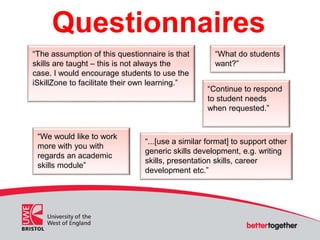 Questionnaires
“What do students
want?”
“The assumption of this questionnaire is that
skills are taught – this is not alwa...