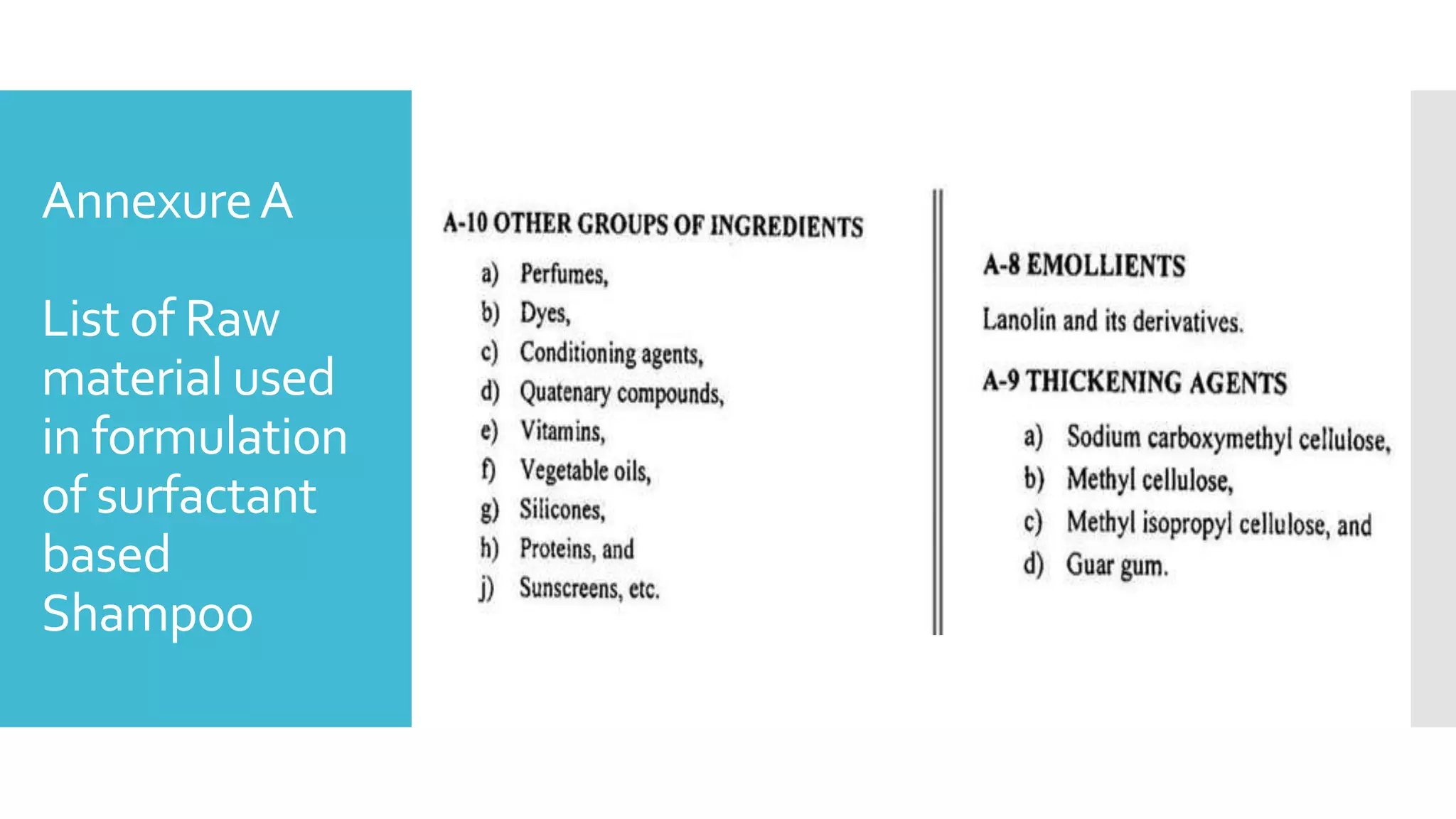 AnnexureA
List of Raw
material used
in formulation
of surfactant
based
Shampoo
 