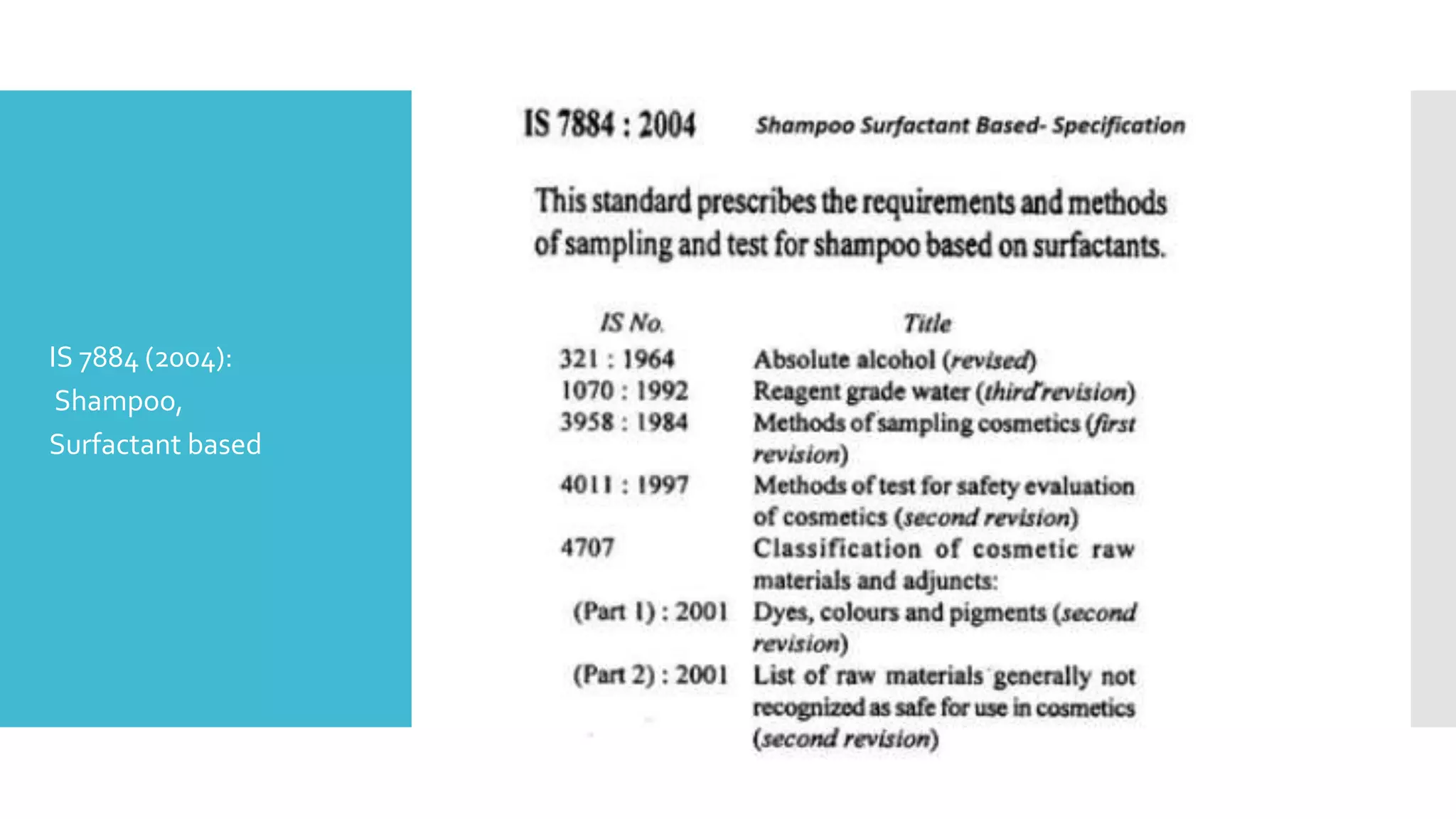 
 IS 7884 (2004):
 Shampoo,
 Surfactant based
 