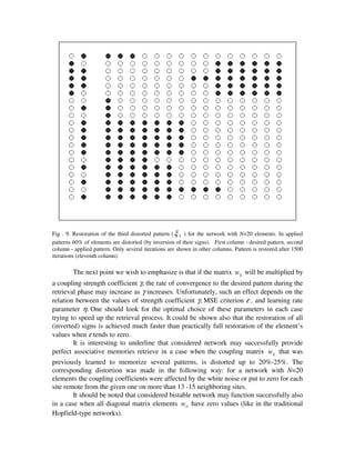 Fig . 9. Restoration of the third distorted pattern ( ξ 3 ) for the network with N=20 elements. In applied
patterns 60% of elements are distorted (by inversion of their signs). First column - desired pattern, second
column - applied pattern. Only several iterations are shown in other columns. Pattern is restored after 1500
iterations (eleventh column).

         The next point we wish to emphasize is that if the matrix wij will be multiplied by
a coupling strength coefficient γ, the rate of convergence to the desired pattern during the
retrieval phase may increase as γ increases. Unfortunately, such an effect depends on the
relation between the values of strength coefficient γ, MSE criterion ε , and learning rate
parameter η. One should look for the optimal choice of these parameters in each case
trying to speed up the retrieval process. It could be shown also that the restoration of all
(inverted) signs is achieved much faster than practically full restoration of the element’s
values when ε tends to zero.
        It is interesting to underline that considered network may successfully provide
perfect associative memories retrieve in a case when the coupling matrix wij that was
previously learned to memorize several patterns, is distorted up to 20%-25%. The
corresponding distortion was made in the following way: for a network with N=20
elements the coupling coefficients were affected by the white noise or put to zero for each
site remote from the given one on more than 13 -15 neighboring sites.
        It should be noted that considered bistable network may function successfully also
in a case when all diagonal matrix elements wii have zero values (like in the traditional
Hopfield-type networks).
 