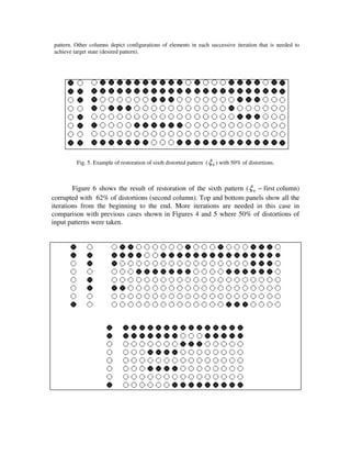 pattern. Other columns depict configurations of elements in each successive iteration that is needed to
achieve target state (desired pattern).




         Fig. 5. Example of restoration of sixth distorted pattern ( ξ 6 ) with 50% of distortions.



        Figure 6 shows the result of restoration of the sixth pattern ( ξ 6 − first column)
corrupted with 62% of distortions (second column). Top and bottom panels show all the
iterations from the beginning to the end. More iterations are needed in this case in
comparison with previous cases shown in Figures 4 and 5 where 50% of distortions of
input patterns were taken.
 