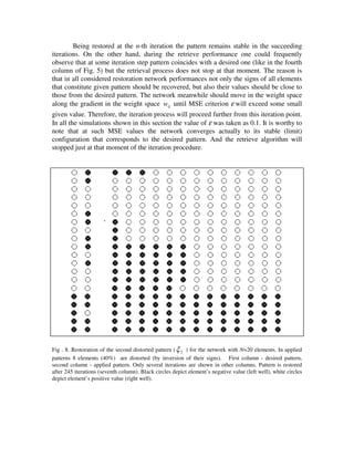 Being restored at the n-th iteration the pattern remains stable in the succeeding
iterations. On the other hand, during the retrieve performance one could frequently
observe that at some iteration step pattern coincides with a desired one (like in the fourth
column of Fig. 5) but the retrieval process does not stop at that moment. The reason is
that in all considered restoration network performances not only the signs of all elements
that constitute given pattern should be recovered, but also their values should be close to
those from the desired pattern. The network meanwhile should move in the weight space
along the gradient in the weight space wij until MSE criterion ε will exceed some small
given value. Therefore, the iteration process will proceed further from this iteration point.
In all the simulations shown in this section the value of ε was taken as 0.1. It is worthy to
note that at such MSE values the network converges actually to its stable (limit)
configuration that corresponds to the desired pattern. And the retrieve algorithm will
stopped just at that moment of the iteration procedure.




Fig . 8. Restoration of the second distorted pattern ( ξ 2 ) for the network with N=20 elements. In applied
patterns 8 elements (40%) are distorted (by inversion of their signs). First column - desired pattern,
second column - applied pattern. Only several iterations are shown in other columns. Pattern is restored
after 245 iterations (seventh column). Black circles depict element’s negative value (left well), white circles
depict element’s positive value (right well).
 