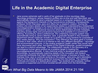 Life in the Academic Digital Enterprise
 Jane scores extremely well in parts of her graduate on-line neurology class.
Neurology professors, whose research profiles are on-line and well described, are
automatically notified of Jane’s potential based on a computer analysis of her scores
against the background interests of the neuroscience professors. Consequently,
professor Smith interviews Jane and offers her a research rotation. During the
rotation she enters details of her experiments related to understanding a widespread
neurodegenerative disease in an on-line laboratory notebook kept in a shared on-line
research space – an institutional resource where stakeholders provide metadata,
including access rights and provenance beyond that available in a commercial
offering. According to Jane’s preferences, the underlying computer system may
automatically bring to Jane’s attention Jack, a graduate student in the chemistry
department whose notebook reveals he is working on using bacteria for purposes of
toxic waste cleanup. Why the connection? They reference the same gene a number
of times in their notes, which is of interest to two very different disciplines – neurology
and environmental sciences. In the analog academic health center they would never
have discovered each other, but thanks to the Digital Enterprise, pooled knowledge
can lead to a distinct advantage. The collaboration results in the discovery of a
homologous human gene product as a putative target in treating the
neurodegenerative disorder. A new chemical entity is developed and patented.
Accordingly, by automatically matching details of the innovation with biotech
companies worldwide that might have potential interest, a licensee is found. The
licensee hires Jack to continue working on the project. Jane joins Joe’s laboratory,
and he hires another student using the revenue from the license. The research
continues and leads to a federal grant award. The students are employed, further
research is supported and in time societal benefit arises from the technology.
From What Big Data Means to Me JAMIA 2014 21:194
 