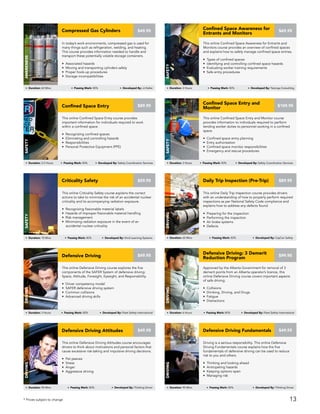This online Daily Trip Inspection course provides drivers
with an understanding of how to properly perform required
inspections as per National Safety Code compliance and
explains how to address any defects found.
• Preparing for the inspection
• Performing the inspection
• Air brake systems
• Defects
Daily Trip Inspection (Pre-Trip)
Driving
Duration: 60 Mins Passing Mark: 80% Developed By: CayCan Safety
$89.95
This online Confined Space Entry and Monitor course
provides information to individuals required to perform
tending worker duties to personnel working in a confined
space.
• Confined space entry planning
• Entry authorization
• Confined space monitor responsibilities
• Emergency and rescue procedures
Confined Space Entry and
Monitor
Safety
Duration: 3 Hours Passing Mark: 80% Developed By: Safety Coordination Services
$109.95
This online Criticality Safety course explains the correct
actions to take to minimize the risk of an accidental nuclear
criticality and its accompanying radiation exposure.
• Recognizing fissionable material labels
• Hazards of improper fissionable material handling
• Risk management
• Minimizing radiation exposure in the event of an
accidental nuclear criticality
Criticality Safety
Safety
Duration: 10 Mins Passing Mark: 80% Developed By: Vivid Learning Systems
$59.95
This online Confined Space Entry course provides
important information for individuals required to work
within a confined space.
• Recognizing confined spaces
• Eliminating and controlling hazards
• Responsibilities
• Personal Protective Equipment (PPE)
Confined Space Entry
Safety
Duration: 2.5 Hours Passing Mark: 80% Developed By: Safety Coordination Services
$89.95
Driving is a serious responsibility. This online Defensive
Driving Fundamentals course explains how the five
fundamentals of defensive driving can be used to reduce
risk to you and others.
• Thinking and looking ahead
• Anticipating hazards
• Keeping options open
• Managing risk
Defensive Driving Fundamentals
Driving
Duration: 90 Mins Passing Mark: 80% Developed By: Thinking Driver
$49.95
This online Defensive Driving Attitudes course encourages
drivers to think about motivations and personal factors that
cause excessive risk-taking and impulsive driving decisions.
• Pet peeves
• Stress
• Anger
• Aggressive driving
Defensive Driving Attitudes
Driving
Duration: 90 Mins Passing Mark: 80% Developed By: Thinking Driver
$49.95
Approved by the Alberta Government for removal of 3
demerit points from an Alberta operator’s licence, this
online Defensive Driving course covers important aspects
of safe driving.
• Collisions
• Drinking, Driving, and Drugs
• Fatigue
• Distractions
Defensive Driving: 3 Demerit
Reduction Program
$99.95
Driving
Duration: 6 Hours Passing Mark: 80% Developed By: Fleet Safety International
This online Defensive Driving course explores the five
components of the SAFER System of defensive driving:
Space, Attitude, Foresight, Eyesight, and Responsibility.
• Driver competency model
• SAFER defensive driving system
• Common collisions
• Advanced driving skills
Defensive Driving
Driving
Duration: 3 Hours Passing Mark: 80% Developed By: Fleet Safety International
$49.95
* Prices subject to change
This online Confined Space Awareness for Entrants and
Monitors course provides an overview of confined spaces
and explains how to safely manage confined space entries.
• Types of confined spaces
• Identifying and controlling confined space hazards
• Evaluating worker training requirements
• Safe entry procedures
Confined Space Awareness for
Entrants and Monitors
Safety
Duration: 2 Hours Passing Mark: 80% Developed By: Tatonga Consulting
$69.95
In today’s work environments, compressed gas is used for
many things such as refrigeration, welding, and heating.
This course provides information needed to handle and
transport these potentially volatile storage containers.
• Associated hazards
• Moving and transporting cylinders safely
• Proper hook-up procedures
• Storage incompatibilities
Compressed Gas Cylinders
AWARENESS
Duration: 60 Mins Passing Mark: 80% Developed By: JJ Keller
$49.95
13
 
