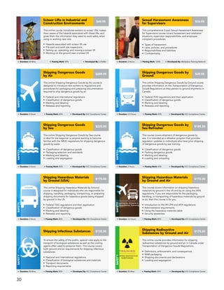 This online Shipping Dangerous Goods by Air course is
designed to introduce new workers to regulations and
procedures for packaging and preparing documentation
required to ship dangerous goods by air.
• Federal and international regulations
• Classification of dangerous goods
• Marking and labeling
• Releases and reporting
Shipping Dangerous Goods
by Air
Safety
Duration: 4 Hours Passing Mark: 80% Developed By: ICC Compliance Center
$289.95
This online Shipping Dangerous Goods by Ground course
provides information on the Transportation of Dangerous
Goods Regulations as they pertain to ground shipments in
Canada.
• Federal TDG regulations and their application
• Classification of dangerous goods
• Marking and labeling
• Releases and reporting
Shipping Dangerous Goods by
Ground
Safety
Duration: 2.5 Hours Passing Mark: 80% Developed By: ICC Compliance Center
$39.95
This online Shipping Dangerous Goods by Sea course
is ideal for the beginner or anyone wanting to become
familiar with the IMDG regulations for shipping dangerous
goods by water.
• Classification of dangerous goods
• Packaging selection and standards
• Marking and labeling
• Loading and segregation
Shipping Dangerous Goods
by Sea
Safety
Duration: 2 Hours Passing Mark: 80% Developed By: ICC Compliance Center
$225.00
This course covers shipment of dangerous goods by
sea. It is intended as a refresher program that provides
regulation updates to individuals who have prior shipping
of dangerous goods by sea training.
• Classification of dangerous goods
• Packing dangerous goods
• Marking and labeling
• Loading and unloading
Shipping Dangerous Goods by
Sea Refresher
Safety
Duration: 2 Hours Passing Mark: 80% Developed By: ICC Compliance Center
$185.00
This online course provides information for shipping
radioactive substances by ground and air in Canada under
Transportation of Dangerous Goods Regulations.
• Definitions, enforcement, and consequences
• RAM packaging
• Shipping documents and declarations
• Loading and segregation
Shipping Radioactive
Substances by Ground and Air
Safety
Duration: 90 Mins Passing Mark: 80% Developed By: ICC Compliance Center
$175.00
To ensure the safety of the public, special rules apply to the
transport of biological substances as well as the cooling
agents often used to preserve them. This course covers
both ground and air requirements for shipping infectious
substances.
• National and international regulations
• Classification of biological substances and materials
• Transport documents
• Reporting requirements
Shipping Infectious Substances
Safety
Duration: 90 Mins Passing Mark: 80% Developed By: ICC Compliance Center
$135.00
This online Shipping Hazardous Materials by Ground
course is designed for individuals who are responsible for
shipping, handling, packaging, transporting, or preparing
shipping documents for hazardous goods being shipped
by ground in the US.
• Federal TDG regulations and their application
• Classification of dangerous goods
• Marking and labeling
• Releases and reporting
Shipping Hazardous Materials
by Ground (USA)
Safety
Duration: 2 Hours Passing Mark: 80% Developed By: ICC Compliance Center
$175.00
This course covers information on shipping hazardous
materials by ground in the US and by air using the IATA
regulations. If you are responsible for the packaging,
handling, or transporting of hazardous materials by ground
or air, then this course is for you.
• Introduction to the 49 CFR and IATA regulations
• Administrative requirements
• Using the hazardous materials table
• Security awareness
Shipping Hazardous Materials
by Ground and Air
Safety
Duration: 3.5 Hours Passing Mark: 80% Developed By: ICC Compliance Center
$175.00
This comprehensive 2-part Sexual Harassment Awareness
for Supervisors course covers harassment and retaliation
situations, supervisor responsibilities, and employee
complaint procedures.
• Types of harassment
• Laws, policies, and procedures
• Responsibilities and liabilities
• Confidentiality
Sexual Harassment Awareness
for Supervisors
AWARENESS
Duration: 2 Hours Passing Mark: 100% Developed By: Workplace Training Network
$34.95
This online course introduces workers to scissor lifts, makes
them aware of the hazards associated with these lifts, and
gives them the information they need to work safely when
using or working near one.
• Hazards associated with scissor lift use
• Pre-start and work site inspections
• Setting up, operating, and moving a scissor lift
• Working on the ground near a scissor lift
Scissor Lifts in Industrial and
Construction Environments
EQUIPMENT
Duration: 60 Mins Passing Mark: 80% Developed By: JJ Keller
$49.95
30
 