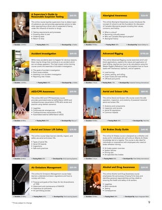 This online Aboriginal Awareness course introduces the
concept of culture to set the foundation for discussion
of Canada’s Aboriginal people including their values,
concerns, and history.
• What is culture?
• Becoming culturally aware
• Who are Canada’s Aboriginal people?
• Aboriginal history
$34.95Aboriginal Awareness
awareness
Duration: 90 Mins Passing Mark: 80% Developed By: Sotera Safety Inc.
This online course teaches supervisors how to detect signs
of substance use and provides appropriate actions to take
when approaching a driver who is suspected of being
under the influence of alcohol or drugs.
• Testing requirements and processes
• Knowing when to test
• Ordering tests
• Return to duty
A Supervisor’s Guide to
Reasonable Suspicion Testing
DRIVING
Duration: 60 Mins Passing Mark: 80% Developed By: JJ Keller
$49.95
This online Advanced Rigging course examines winch and
block applications, explains the nature and application of
load drifting, teaches you how to do calculations using the
Master Rigger’s Reference Card, and explains how to move
loads with mechanical, hydraulic, and air systems.
• Load turning
• Levers, jacking, and rolling
• Chain hoists and load drifting
• Off-level pick points
$195.00Advanced Rigging
Equipment
Duration: 3 Hours Passing Mark: 70% Developed By: Industrial Training International
While many accidents seem to happen for obvious reasons,
there may be things that contribute to an accident which
are not always apparent. This high-impact online training
course covers the essentials of accident investigation.
• The goals of accident investigation
• Root-cause analysis
• Assisting in an accident investigation
• Reporting near misses
Accident Investigation
Awareness
Duration: 60 Mins Passing Mark: 80% Developed By: JJ Keller
$49.95
This online Aerial and Scissor Lifts course covers the safe
operation, inspection, and anatomy of powered industrial
aerial and scissor lifts.
• Anatomy and components
• Inspection and records
• Aerial lift regulations
• Common hazards
$89.95Aerial and Scissor Lifts
Equipment
Duration: 90 Mins Passing Mark: 80% Developed By: Hard Hat
This online Air Brakes course is designed as a refresher and
study aid for individuals who will write an Alberta Air Brake
knowledge test at a registry. This course is also ideal for
individuals or corporations with employees who need air
brake refresher training.
• Air brake system overview
• System failures
• Driving tips
• Air-operated disc brakes
$49.95Air Brakes Study Guide
Driving
Duration: 3 Hours Passing Mark: 80% Developed By: Fleet Safety International
This online course helps learners identify, inspect, and
safely use aerial and scissor lifts.
• Types of aerial lifts
• Aerial lift hazards
• Inspections
• Safe work practices
$79.95Aerial and Scissor Lift Safety
Equipment
Duration: 20 Mins Passing Mark: 80% Developed By: Vivid Learning Systems
This online AED and CPR Awareness course
provides automated external defibrillation (AED) and
cardiopulmonary resuscitation (CPR) skills review and
practice using realistic scenarios.
• Legalities
• Cardiovascular emergencies
• Cardiopulmonary resuscitation (CPR)
• Automated external defibrillation (AED)
AED/CPR Awareness
Awareness
Duration: 60 Mins Passing Mark: 80% Developed By: Rescue 7
$39.95
This online Air Emissions Management course helps
learners understand emission regulations and how to
comply with them.
• Purpose and goals of the Clean Air Act Amendments
of 1990
• Attainment and maintenance of NAAQS
• Hazardous air pollutants
• Air permitting process
Air Emissions Management
Awareness
Duration: 35 Mins Passing Mark: 80% Developed By: Vivid Learning System
$59.95
This online Alcohol and Drug Awareness course
emphasizes the seriousness of being fit-for-duty and
identifies personal responsibilities as they relate to
ensuring the health and safety of all workers.
• Legalities
• Work standards
• Testing
• Consequences
$39.95Alcohol and Drug Awareness
awareness
Duration: 30 Mins Passing Mark: 80% Developed By: Apex Integrated West
* Prices subject to change 9
 