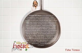 O Diretor Jairo Mattos atuou como ator em
     diversas peças como “Concílio do Amor”,“Budro”,
  “Atos e Omissões” e “Sonho de um Homem Ridículo”.
Trabalhou também sob a direção de Jorge Takla, Emilio Di
  Biasi, Hugo Possolo e Carla Camuratti. Dirigiu as peças
   "Tem Café no Bule", "As Mais Fortes" e "Lágrimas de
  Vidro“, "Carro de Paulista”, "Assim como Rose“ entre
  outras. No cinema fez "Loucos por Cinema" , "Tainá",
    "Bicho de Sete Cabeças“, "O Viajante”, ganhador do
prêmio da Crítica de Melhor filme do Festival de Moscou.
 Jairo Mattos teve sua estréia na TV em 1990, na novela
  “Barriga de Aluguel”. Ainda na Rede Globo, integrou o
 elenco das novelas "Celebridade" e "Dono do Mundo" ,
  "Rei do Gado", "Deus Nos Acuda" e "Bang Bang“. Seu
   trabalho mais recente em TV foi uma participação na
 novela “Bicho do Mato”, Jairo Mattos fez também uma
         participação especial como ator na novela
            "Beleza Pura", "Tempos Modernos”
                        e “O Astro”.
 