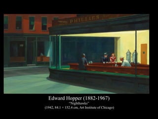 Edward Hopper (1882-1967)
“Nighthawks”
(1942, 84.1 × 152.4 cm, Art Institute of Chicago)
 
