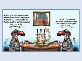 Parait que 80% des femmes
de moins de 50 ans prennent
la pilule et seulement 5% de
l’Aspirine, alors qu’elles disent
souvent avoir
la migraine…
… c’est p’être parce
qu’elles se servent plus
souvent d’leur cul que
d’leur tête…
 