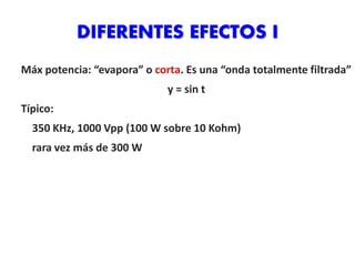 DIFERENTES EFECTOS I
Máx potencia: “evapora” o corta. Es una “onda totalmente filtrada”
y = sin t
Típico:
350 KHz, 1000 Vpp (100 W sobre 10 Kohm)
rara vez más de 300 W
 
