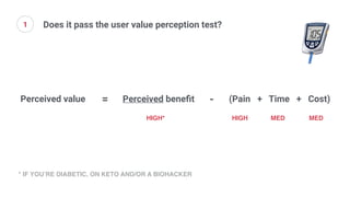 Perceived value Perceived beneﬁt (Pain + Time + Cost)= -
* IF YOU’RE DIABETIC, ON KETO AND/OR A BIOHACKER
HIGH MED MEDHIGH*
Does it pass the user value perception test?1
 