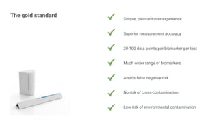The gold standard
Simple, pleasant user experience
Superior measurement accuracy
20-100 data points per biomarker per test
Much wider range of biomarkers
Avoids false negative risk
No risk of cross-contamination
Low risk of environmental contamination
 