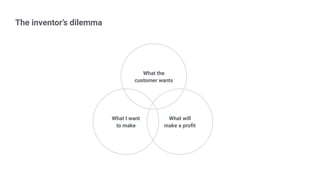 The inventor’s dilemma
What I want
to make
What the
customer wants
What will
make a proﬁt
 