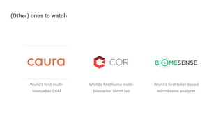 (Other) ones to watch
World’s ﬁrst home multi-
biomarker blood lab
World’s ﬁrst multi-
biomarker CGM
World’s ﬁrst toilet-based
microbiome analyzer
 