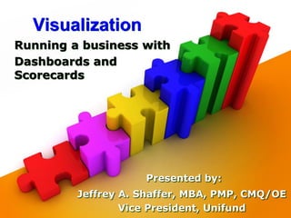 Visualization
Running a business with
Dashboards and
Scorecards




                    Presented by:
         Jeffrey A. Shaffer, MBA, PMP, CMQ/OE
                 Vice President, Unifund
 