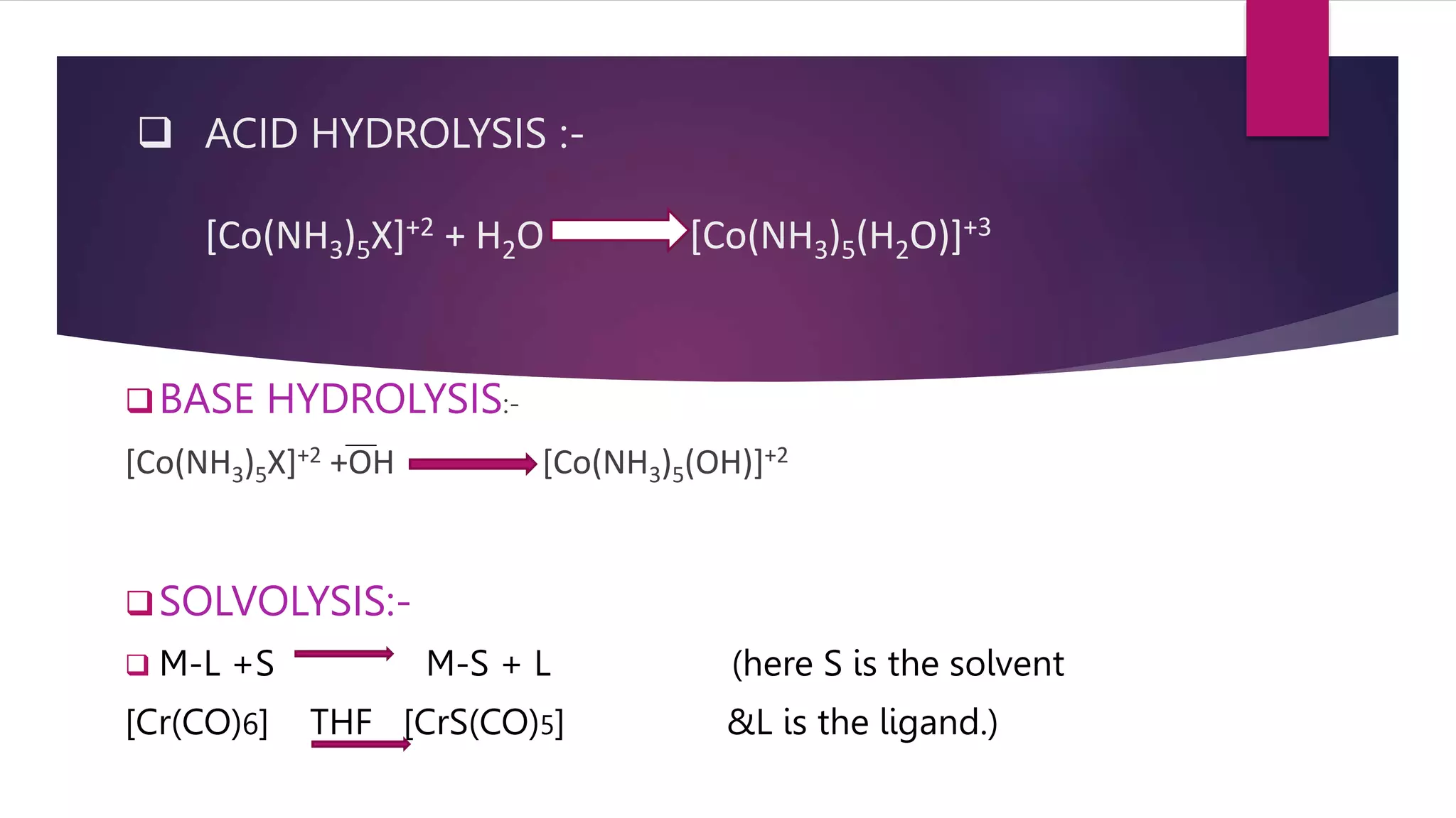  ACID HYDROLYSIS :-
[Co(NH3)5X]+2 + H2O [Co(NH3)5(H2O)]+3
BASE HYDROLYSIS:-
[Co(NH3)5X]+2 +OH [Co(NH3)5(OH)]+2
SOLVOLYSIS:-
 M-L +S M-S + L (here S is the solvent
[Cr(CO)6] THF [CrS(CO)5] &L is the ligand.)
 