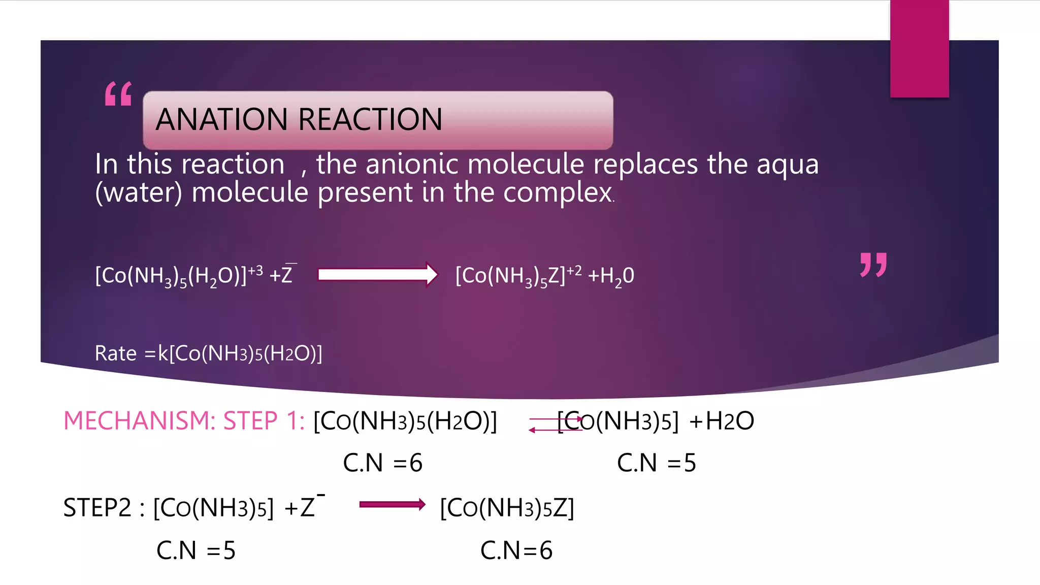 “
”
ANATION REACTION
MECHANISM: STEP 1: [CO(NH3)5(H2O)] [CO(NH3)5] +H2O
C.N =6 C.N =5
STEP2 : [CO(NH3)5] +Z
- [CO(NH3)5Z]
C.N =5 C.N=6
In this reaction , the anionic molecule replaces the aqua
(water) molecule present in the complex.
[Co(NH3)5(H2O)]+3 +Z [Co(NH3)5Z]+2 +H20
Rate =k[Co(NH3)5(H2O)]
 