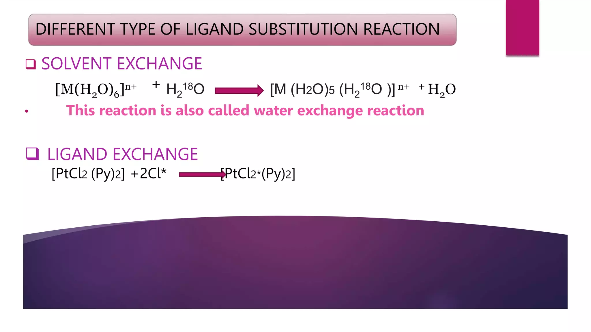 DIFFERENT TYPE OF LIGAND SUBSTITUTION REACTION
 LIGAND EXCHANGE
[PtCl2 (Py)2] +2Cl* [PtCl2*(Py)2]
 SOLVENT EXCHANGE
[M(H2O)6]n+ + H2
18O [M (H2O)5 (H2
18O )] n+ + H2O
• This reaction is also called water exchange reaction
 