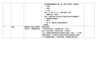 例如廉頗阻擋藺相如去路一事。寫作前先想想，背景設定。
                            時間？
                            地點？
                            人物？
                           提問：同一幕，時、地、人會否改變（不會）
                            廉頗的想法、情緒？
                           提問：老師想知道 x 組你們用了哪些形容詞去形容廉頗呢？
                            廉頗會說些甚麼呢？
                            動作？
                            接下來，藺相如又怎麼想和說話呢？
                        （見簡報）
5   總結   總結劇本元素及注意事項。   講述及提問：
         即時糾正，照顧學習差異。   分析過角色的性格，有助撰寫什麼？（台詞）
                        書 P.39 有許多語言、神態的形容詞，可供參考！
                        此外，最重要是指導演員演出時要做出恰當的，面部……？（表情）
                        聲線也要恰當。所以請你們改寫時多想想有那些曾學的形容詞。
                        以下時間讓你們構思一下劇本的開首，有問題的同學可舉手。
 
