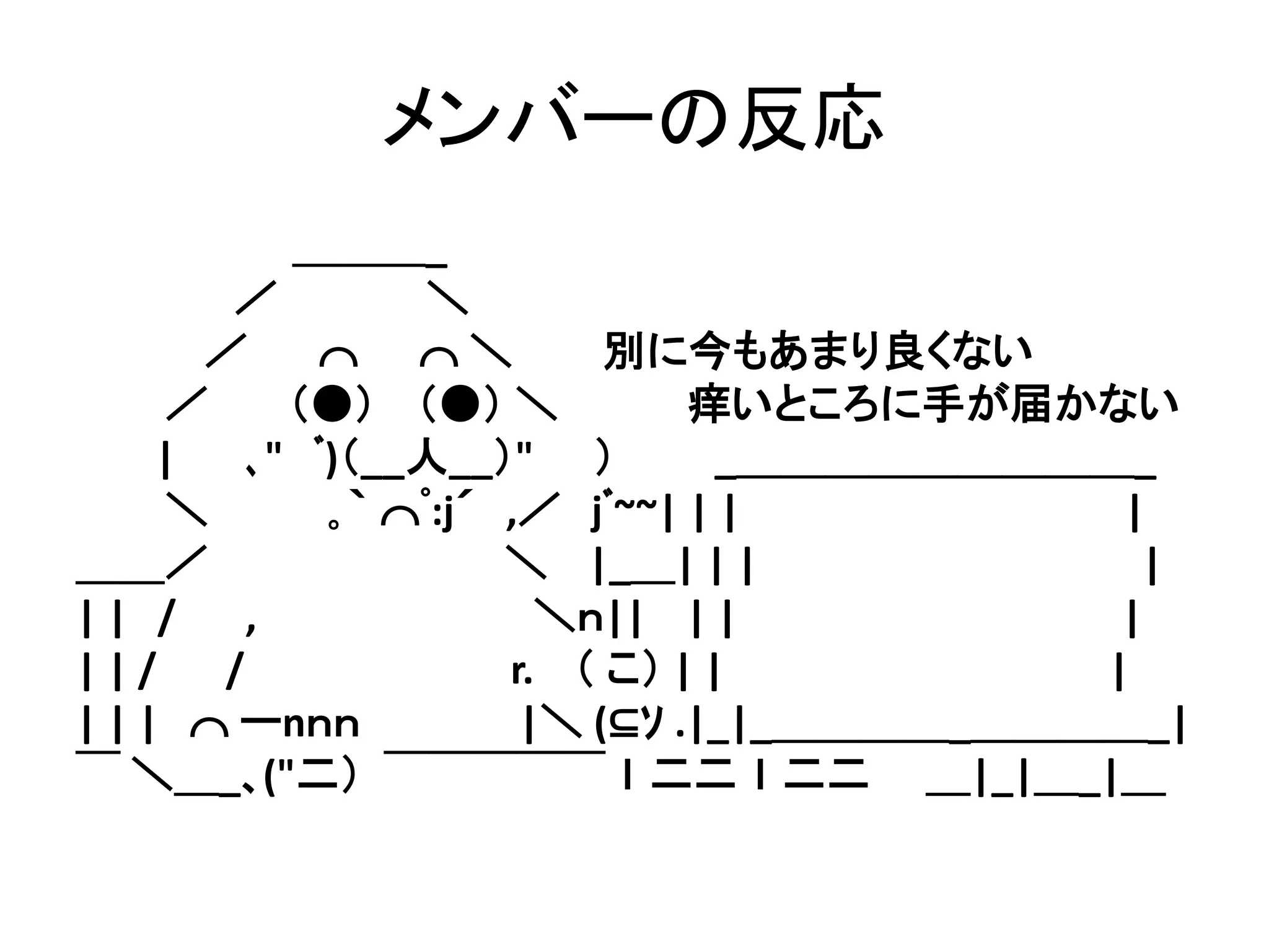 メンバーの反応
＿＿＿_
／ ＼
／ ⌒ ⌒ ＼ 別に今もあまり良くない
／ （●） （●） ＼ 痒いところに手が届かない
| ､" ﾞ)（__人__）" ） _＿＿＿＿＿＿＿＿＿_
＼ ｡｀ ⌒ﾟ:j´ ,／ jﾞ~~| | | |
＿＿／ ＼ |_＿| | | |
| | / , ＼ｎ|| | | |
| | / / r. （ こ） | | |
| | | ⌒ ーnｎｎ |＼ (⊆ｿ .|_|_＿＿＿＿_＿＿＿＿_|
￣ ＼＿_､("二）￣￣￣￣￣ｌ二二ｌ二二 ＿|_|＿_|＿
 