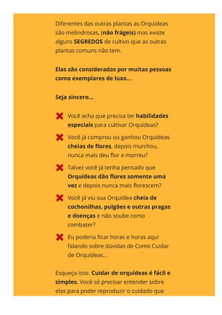 Diferentes das outras plantas as Orquídeas
são melindrosas, (não frágeis) mas existe
alguns SEGREDOS de cultivo que as outras
plantas comuns não tem.
Elas são consideradas por muitas pessoas
como exemplares de luxo...
Seja sincero...
Você acha que precisa ter habilidades
especiais para cultivar Orquídeas?
Você já comprou ou ganhou Orquídeas
cheias de 몭ores, depois murchou,
nunca mais deu 몭or e morreu?
Talvez você já tenha pensado que
Orquídeas dão 몭ores somente uma
vez e depois nunca mais 몭orescem?
Você já viu sua Orquídea cheia de
cochonilhas, pulgões e outras pragas
e doenças e não soube como
combater?
Eu poderia 몭car horas e horas aqui
falando sobre dúvidas de Como Cuidar
de Orquídeas...
Esqueça isso. Cuidar de orquídeas é fácil e
simples. Você só precisar entender sobre
elas para poder reproduzir o cuidado que
elas teriam na natureza. Simples assim.
 