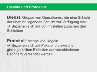Dienst: Gruppe von Operationen, die eine Schicht
der über ihr liegenden Schicht zur Verfügung stellt.
 Beziehen sich auf Schnittstellen zwischen den
Schichten
Protokoll: Menge von Regeln
 Beziehen sich auf Pakete, die zwischen
gleichgestellten Einheiten auf verschiedenen
Rechnern versendet werden
Dienste und Protokolle
 