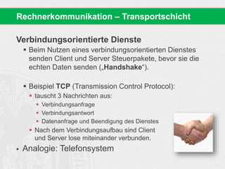 Verbindungsorientierte Dienste
 Beim Nutzen eines verbindungsorientierten Dienstes
senden Client und Server Steuerpakete, bevor sie die
echten Daten senden („Handshake“).
 Beispiel TCP (Transmission Control Protocol):
 tauscht 3 Nachrichten aus:
 Verbindungsanfrage
 Verbindungsantwort
 Datenanfrage und Beendigung des Dienstes
 Nach dem Verbindungsaufbau sind Client
und Server lose miteinander verbunden.
 Analogie: Telefonsystem
Rechnerkommunikation – Transportschicht
 