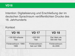 Intention: Digitalisierung und Erschließung der im
deutschen Sprachraum veröffentlichten Drucke des
18. Jahrhunderts
Kontext
VD18
VD 16 VD 17 VD 18
~100 000 erfasste
Titel
~255 000
Titel
Ziel: Mehr als
600 000 Titel
Förderzeitraum: 1969-
1999
Förderzeitraum:
Seit Juli 1996
Förderzeitraum:
Ab 2009
 