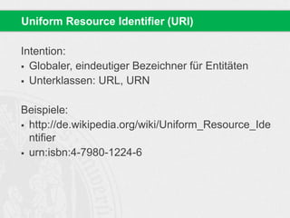 Intention:
 Globaler, eindeutiger Bezeichner für Entitäten
 Unterklassen: URL, URN
Beispiele:
 http://de.wikipedia.org/wiki/Uniform_Resource_Ide
ntifier
 urn:isbn:4-7980-1224-6
Uniform Resource Identifier (URI)
 