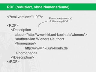 <?xml version="1.0"?>
<RDF>
<Description
about="http://www.hki.uni-koeln.de/wieners">
<author>Jan Wieners</author>
<homepage>
http://www.hki.uni-koeln.de
</homepage>
</Description>
</RDF>
RDF (reduziert, ohne Namensräume)
Ressource (resource)
 Worum geht‘s?
 