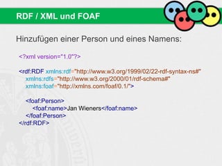 Hinzufügen einer Person und eines Namens:
RDF / XML und FOAF
<?xml version="1.0"?>
<rdf:RDF xmlns:rdf="http://www.w3.org/1999/02/22-rdf-syntax-ns#"
xmlns:rdfs="http://www.w3.org/2000/01/rdf-schema#"
xmlns:foaf="http://xmlns.com/foaf/0.1/">
<foaf:Person>
<foaf:name>Jan Wieners</foaf:name>
</foaf:Person>
</rdf:RDF>
 
