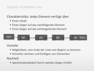 Charakteristika: Jedes Element verfügt über
 Einen Inhalt
 Einen Zeiger auf das nachfolgende Element
 Einen Zeiger auf das vorhergehende Element
Vorteile
 Möglichkeit, vom Ende der Liste zum Beginn zu iterieren
 Schnelles Löschen und Einfügen von Elementen
Nachteil
 Speicherplatzbedarf durch zweiten Zeiger erhöht
Doppelt verkettete Liste
bat cat sat vat NULLstart
 