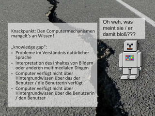 Oh weh, was
meint sie / er
damit bloß???
Knackpunkt: Den Computermechanismen
mangelt‘s an Wissen!
„knowledge gap“:
 Probleme im Verständnis natürlicher
Sprache
 Interpretation des Inhaltes von Bildern
oder anderen multimedialen Dingen
 Computer verfügt nicht über
Hintergrundwissen über das der
Benutzer / die Benutzerin verfügt
 Computer verfügt nicht über
Hintergrundwissen über die Benutzerin
/ den Benutzer
 