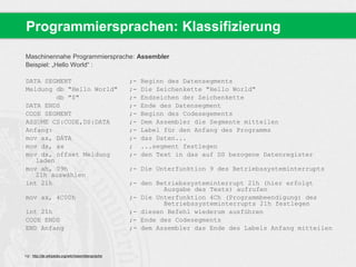 Programmiersprachen: Klassifizierung 
Maschinennahe Programmiersprache: Assembler 
Beispiel: „Hello World“ : 
DATA SEGMENT ;- Beginn des Datensegments 
Meldung db "Hello World" ;- Die Zeichenkette "Hello World" 
db "$" ;- Endzeichen der Zeichenkette 
DATA ENDS ;- Ende des Datensegment 
CODE SEGMENT ;- Beginn des Codesegements 
ASSUME CS:CODE,DS:DATA ;- Dem Assembler die Segmente mitteilen 
Anfang: ;- Label für den Anfang des Programms 
mov ax, DATA ;- das Daten... 
mov ds, ax ; ...segment festlegen 
mov dx, offset Meldung ;- den Text in das auf DS bezogene Datenregister 
laden 
mov ah, 09h ;- Die Unterfunktion 9 des Betriebssysteminterrupts 
21h auswählen 
int 21h ;- den Betriebssysteminterrupt 21h (hier erfolgt 
Ausgabe des Texts) aufrufen 
mov ax, 4C00h ;- Die Unterfunktion 4Ch (Programmbeendigung) des 
Betriebssysteminterrupts 21h festlegen 
int 21h ;- diesen Befehl wiederum ausführen 
CODE ENDS ;- Ende des Codesegments 
END Anfang ;- dem Assembler das Ende des Labels Anfang mitteilen 
Vgl.: http://de.wikipedia.org/wiki/Assemblersprache 
 