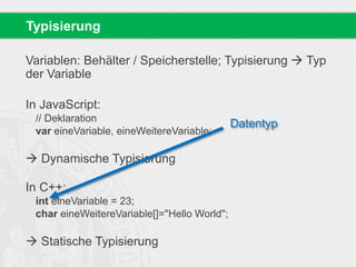Typisierung 
Variablen: Behälter / Speicherstelle; Typisierung  Typ 
der Variable 
In JavaScript: 
// Deklaration 
var eineVariable, eineWeitereVariable; 
 Dynamische Typisierung 
In C++: 
int eineVariable = 23; 
char eineWeitereVariable[]="Hello World"; 
 Statische Typisierung 
Datentyp 
 