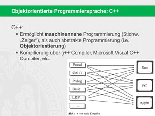 Objektorientierte Programmiersprache: C++ 
C++: 
 Ermöglicht maschinennahe Programmierung (Stichw. 
„Zeiger“), als auch abstrakte Programmierung (i.e. 
Objektorientierung) 
 Kompilierung über g++ Compiler, Microsoft Visual C++ 
Compiler, etc. 
 