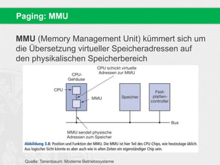 MMU (Memory Management Unit) kümmert sich um
die Übersetzung virtueller Speicheradressen auf
den physikalischen Speicherbereich
Paging: MMU
Quelle: Tanenbaum: Moderne Betriebssysteme
 