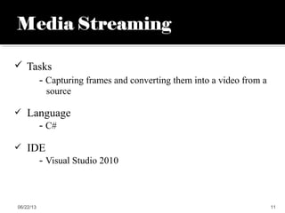  Tasks
- Capturing frames and converting them into a video from a
source
 Language
- C#
 IDE
- Visual Studio 2010
06/22/13 11
 