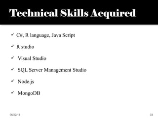  C#, R language, Java Script
 R studio
 Visual Studio
 SQL Server Management Studio
 Node.js
 MongoDB
06/22/13 33
 