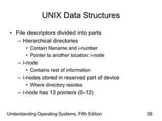 Understanding Operating Systems, Fifth Edition 39
UNIX Data Structures
• File descriptors divided into parts
– Hierarchical directories
• Contain filename and i-number
• Pointer to another location: i-node
– i-node
• Contains rest of information
– i-nodes stored in reserved part of device
• Where directory resides
– i-node has 13 pointers (0–12)
 